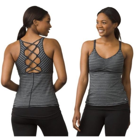 Prana Womens Small Filament Strappy Tank Top Gray and Black Stripe Built in Bra - Picture 2 of 12